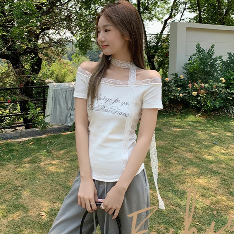 Y2K レース スラッシュネックTシャツ