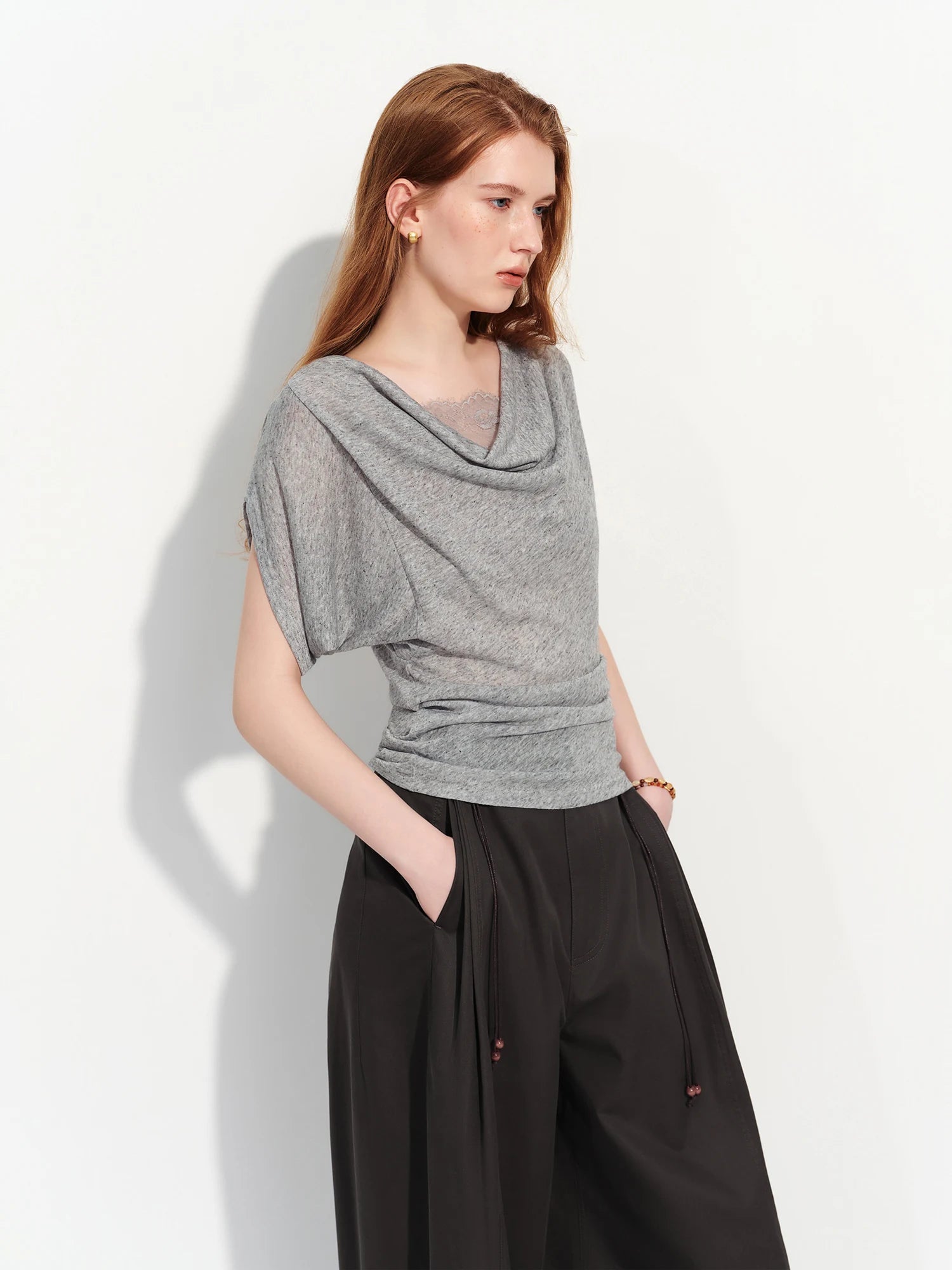 FSLE レース切替 リネン混半袖Tシャツ
