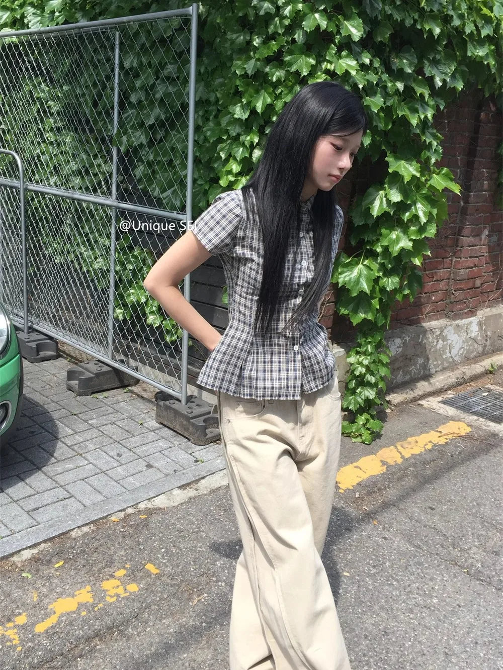 チェック柄 ウエストマーク半袖シャツ