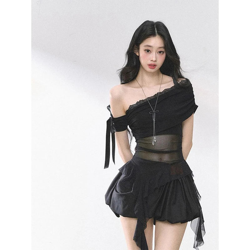 MEXZT Y2K シアーメッシュ アシンメトリーTシャツ