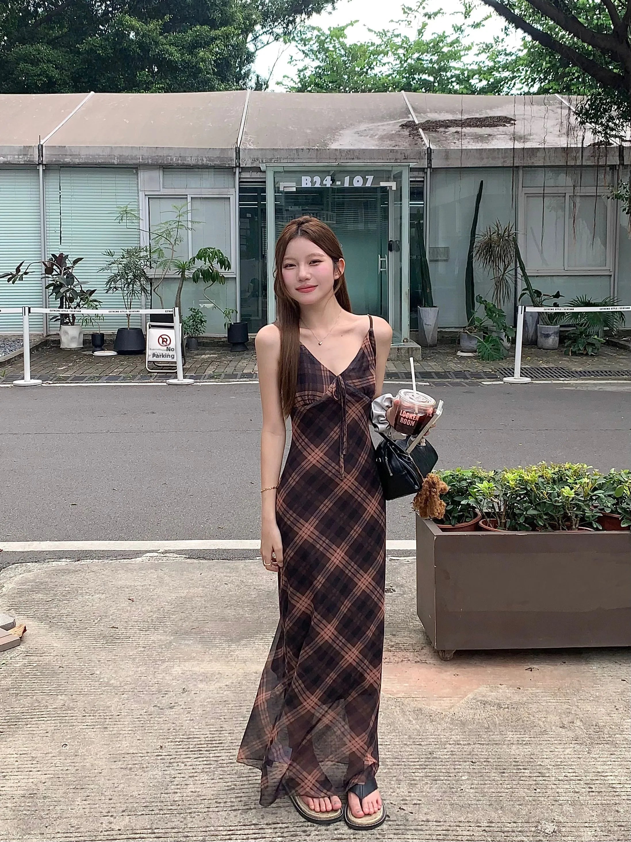 フレンチ調 グリッド柄 キャミソールワンピース