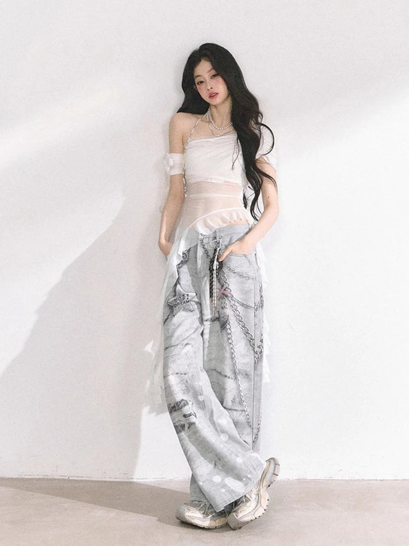 MEXZT Y2K シアーメッシュ アシンメトリーTシャツ