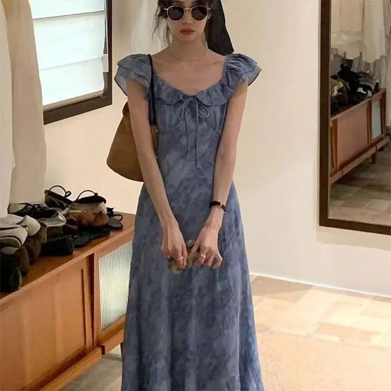 ブルー花柄 フライスリーブ ロングワンピース