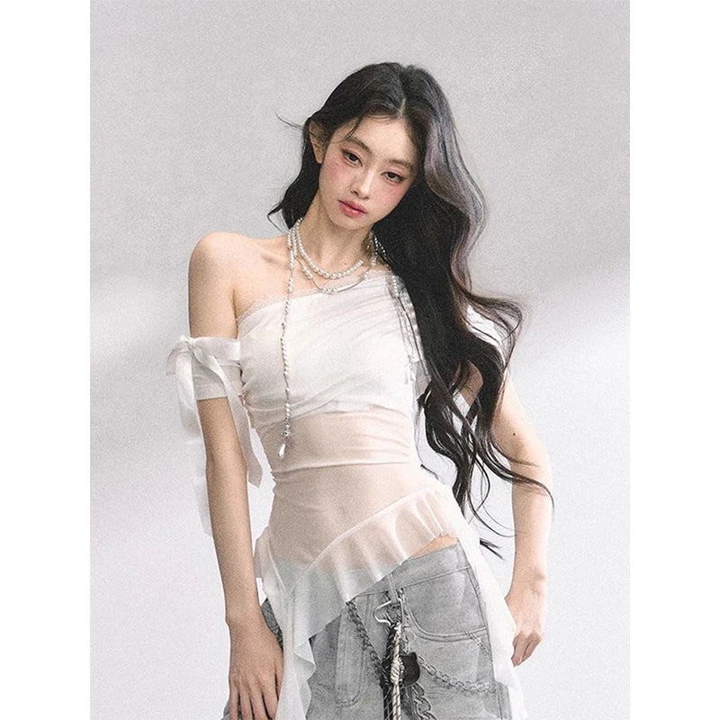 MEXZT Y2K シアーメッシュ アシンメトリーTシャツ