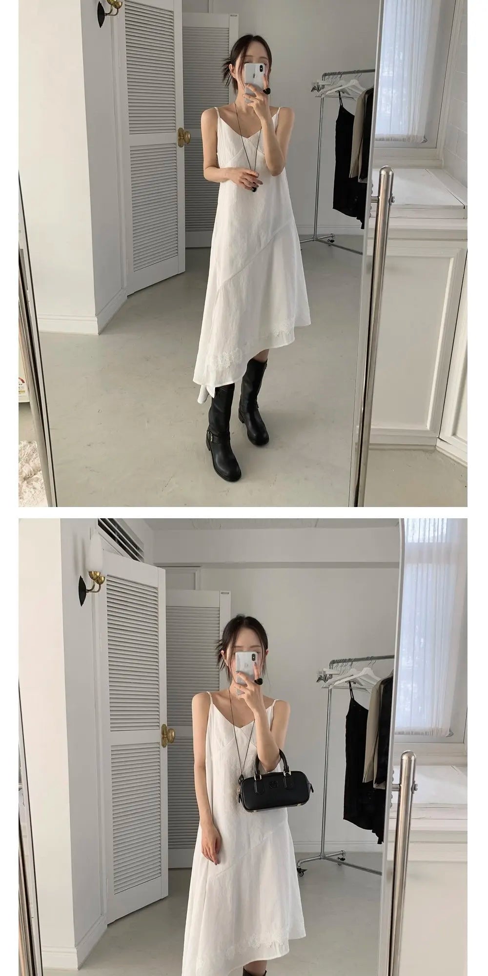 アシンメトリーヘム Vネックロングワンピース ブラック
