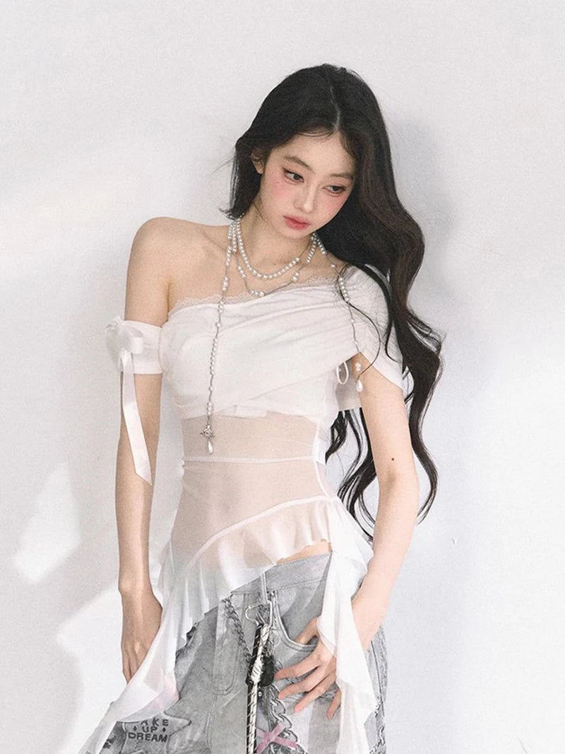 MEXZT Y2K シアーメッシュ アシンメトリーTシャツ