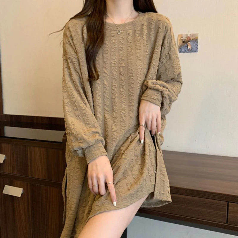 オーバーサイズ スリット入り 長袖チュニックTシャツ