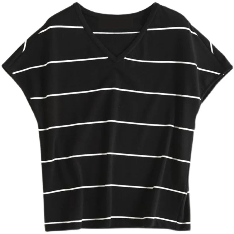 大きいサイズ ストライプVネックTシャツ