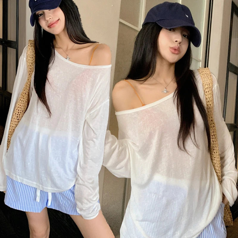 オフショルダー UVカット シアー長袖トップス