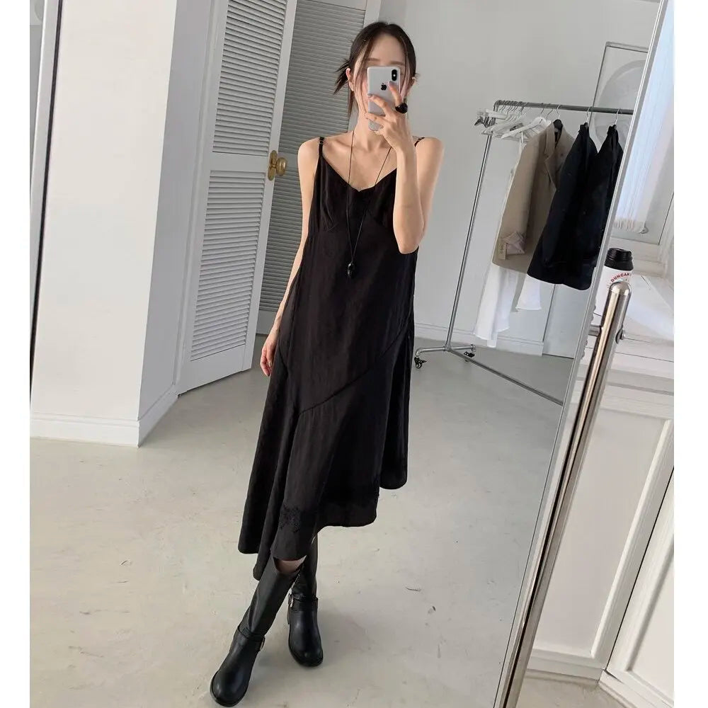 アシンメトリーヘム Vネックロングワンピース ブラック