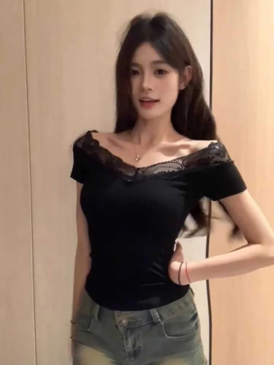 レース切替 ワンショルダー半袖Tシャツ