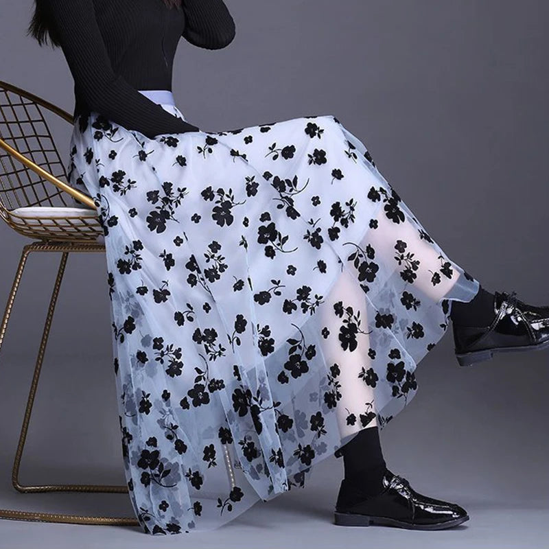 かぎ編み風フラワー チュールミディスカート