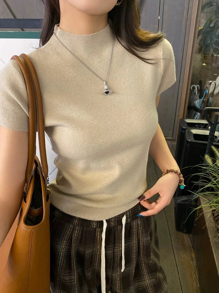 ハーフハイネック 半袖スリムTシャツ