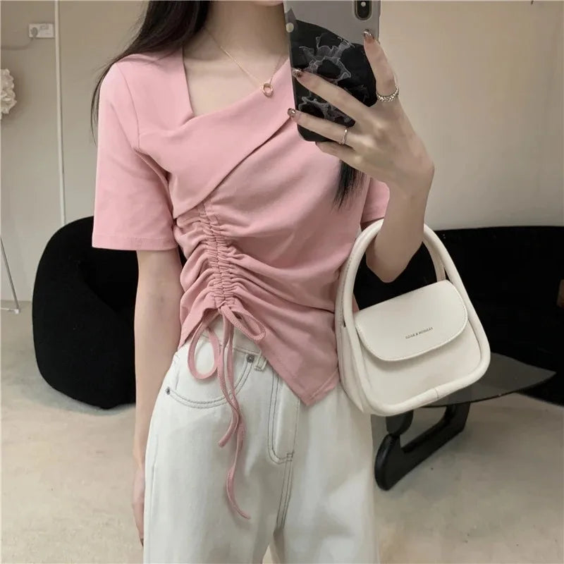アシンメトリー ドローストリングTシャツ ホワイト