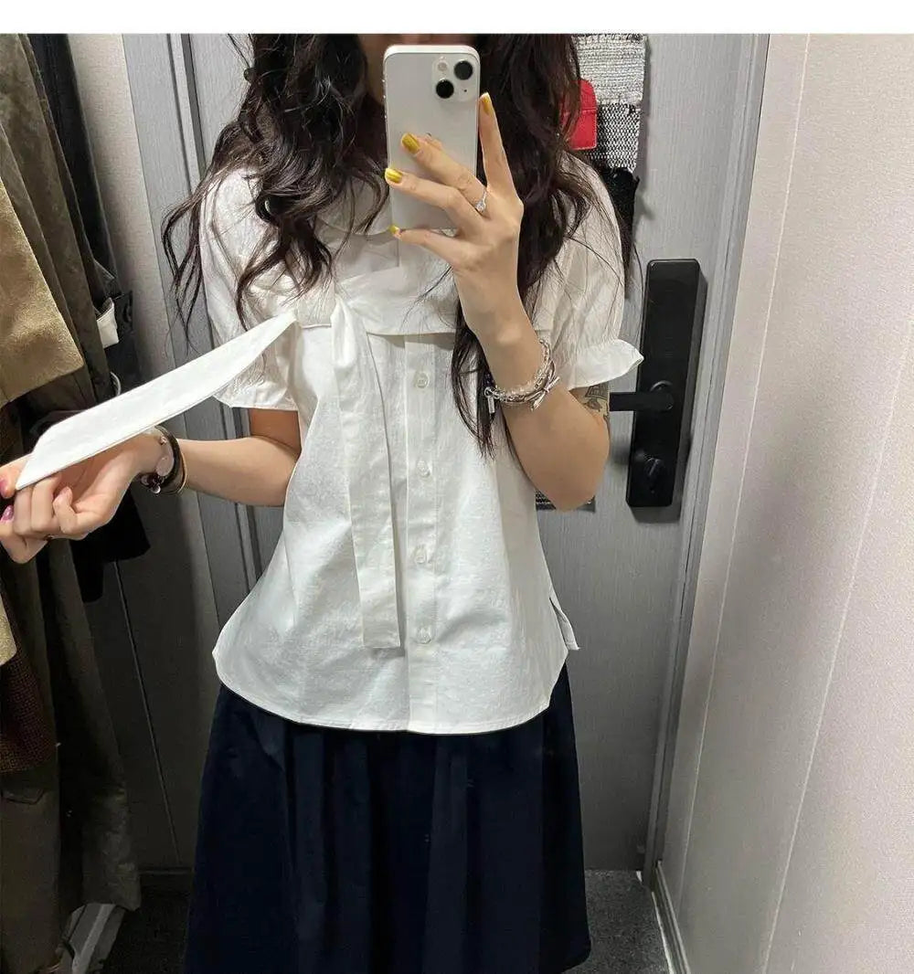 Erwofeina 丸襟リボン付き半袖シャツ